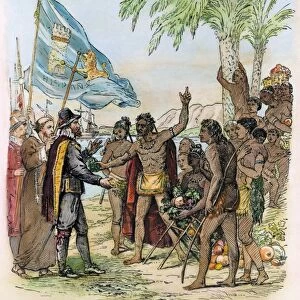 COLUMBUS: CUBA, 1492. A native Indian cacique of Cuba greeting Christopher Columbus in 1492