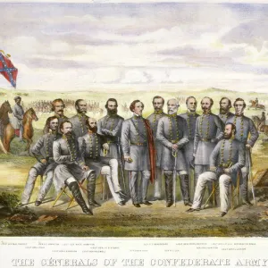 CONFEDERATE GENERALS. The Generals of the Confederate Army. Jefferson Davis, with red cloak, is at center left; Robert E. Lee, standing with saber, is at center right. Contemporary American lithograph