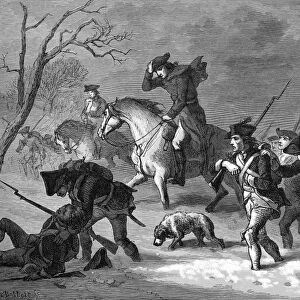 The Continental Army marching to Valley Forge to take up winter quarters in 1777. Tinted wood engraving, 19th century