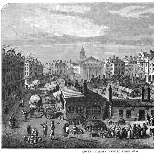 COVENT GARDEN, 1820. Covent Garden Market, London, England, about 1820. Line engraving, 19th century