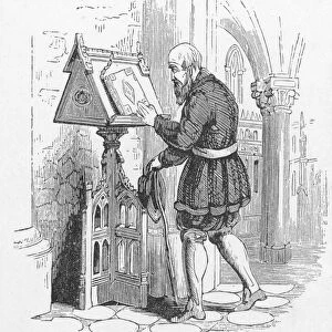 THE COVERDALE BIBLE. The Coverdale translation of the Bible, in English, chained to a reading stand in an English church during the reign of King Henry VIII: wood engraving, 19th century