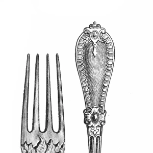 DESSERT FORK & SPOON, 1851. Manufactured by G. W. Adams of London and displayed at the Crystal Palace Exhibition of 1851: contemporary wood engraving