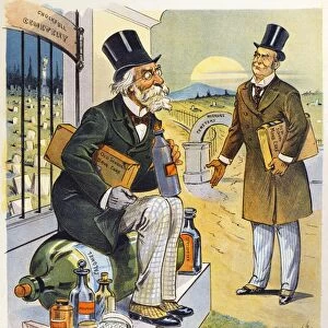 When Doctors Disagree. American lithograph cartoon by Louis Dalrymple, 1898, on the comparative harm done by patent medicine salesmen and mental healers