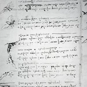 Drawings of birds in flight and mirror-writing by Leonardo Da Vinci (1452-1519)