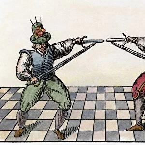 DUELING, 1595. Dueling techniques as illustrated in Vincentio Saviolo, His Practise