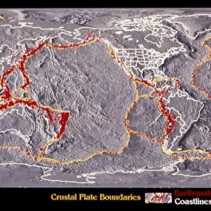 EARTH: TOPOGRAPHY. Digital image of the topography of the Earth, showing land and sea-floor elevations, as well as crustal plate boundaries and the epicenters of earthquakes greater than magnitude 5 which occurred between 1980-1990. Image created by the National Geophysical Data Center, c1991