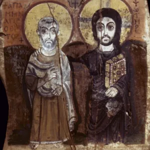 EGYPT: COPTIC ART: CHRIST and abbot Mena. Painting on wood, 7th century A.D