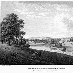 ENGLAND: CHATSWORTH, 1786. Chatsworth in Derbyshire, the seat of the Duke of Devonshire. Line engraving, 1786, by W. Watts