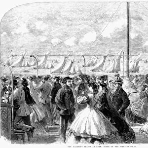 ENGLAND: YACHTING, 1864. A fashionable crowd on the pier at Ryde, on the Isle of Wight, during the yachting season. Wood engraving, English, 1864