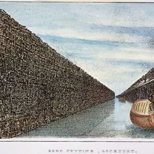 THE ERIE CANAL, 1825. Deep cutting at Lockport, New York: American lithograph, 1825