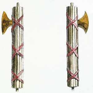 FASCES, 19th CENTURY. The badge of Roman authority, and carried by lictors since the time of Tarquin. Line engraving, 19th century