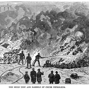 FIREFIGHTING, 1876. Firefighters demonstrating how to extinguish fires of burning resin
