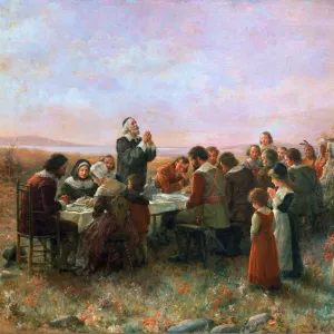 THE FIRST THANKSGIVING At Plymouth, Massachusetts. Oil on canvas, 1914, by Jennie A. Brownscombe