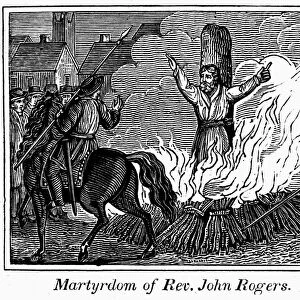 FOXE: BOOK OF MARTYRS. Martyrdom of Rev. John Rogers, 1555, in England. Line engraving