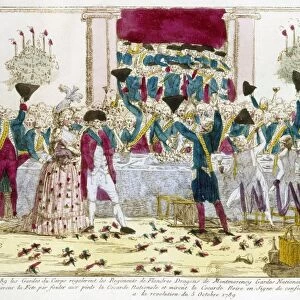 FRANCE: VERSAILLES, 1789. King Louis XVI and Queen Marie Antoinette are toasted at a banquet at Versailles, 31 September 1789, by the Flanders regiment. Contemporary French color engraving
