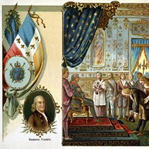 FRANKLIN AT VERSAILLES. Benjamin Franklins first audience before King Louis XVI of France at the palace of Versailles, 20 March 1778. Chromolithograph, American, c1903