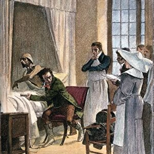 French physician; inventor of the stethoscope. At the Necker Hospital, Paris. Wood engraving, 19th century, after the painting by Th
