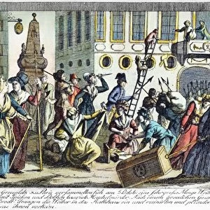 FRENCH REVOLUTION, 1789. Screaming Bread! Bread! Bread!, women of Paris, some disguised as men, storm the Hotel de Ville, and plunder everything in sight on 5 October 1789: contemporary German etching