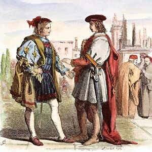 TWO GENTLEMEN OF VERONA. The two gentlemen, Valentine and Proteus, meet in a piazza in Verona: wood engraving, 19th century, after Sir John Gilbert for William Shakespeares The Two Gentlemen of Verona (Act I, scene 1)