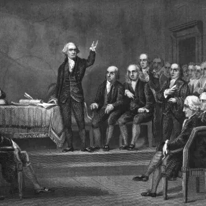 George Washington presiding at the Constitutional Convention at Philadelphia in 1787. Steel engraving, American, 19th century, after a painting by Michael Angelo Wageman