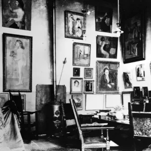 GERTRUDE STEIN (1874-1946). American writer. Interior of Steins studio at 27 Rue de Fleurus in Paris. Photograph, c1915