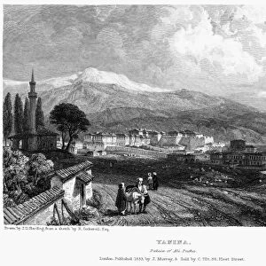 GREECE: YANINA, 1833. View of the city of Yanina, in Epirus in northwestern Greece. Steel engraving, English, 1833, by Edward Finden after James Duffield Harding