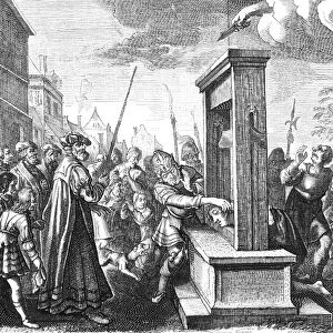 GUILLOTINE, 16th CENTURY. The guillotine in 16th century France. After an engraving of the period