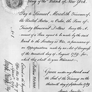 HAMILTON: RECEIPT, 1789. Order to the Bank of New York to loan $20, 000 to Treasurer