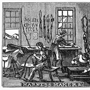 HARNESS MAKERS, c1830. Wood engraving, American, c1830