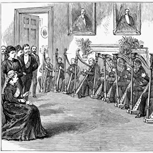 HARP PERFORMANCE, 1889. The Roberts family of harpists playing before the queen at Pal