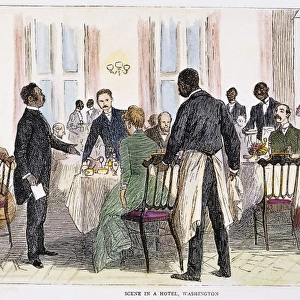 HOTEL DINING ROOM, D. C. Scene in a hotel dining room, Washington, D. C. : wood engraving after a sketch by Randolph Caldecott, 1886