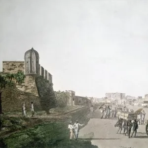 INDIA: CALCUTTA, 1786. Old Fort William (left), a playhouse and obelisk memorial