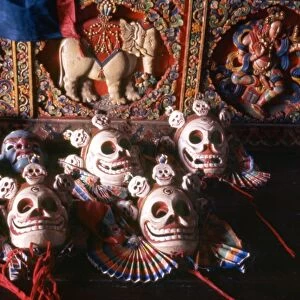INDIA: MASKS, 1969. Deity and skeleton masks from Gangtok, Sikkim, India