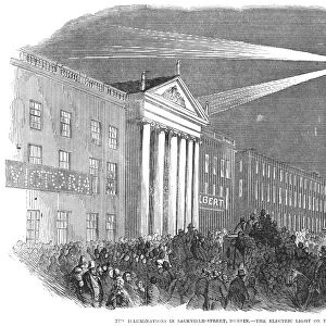 IRELAND: DUBLIN, 1849. The illuminations in Sackville Street, Dublin, Ireland. The electric light on the Nelsons Pillar. Line engraving, 1849