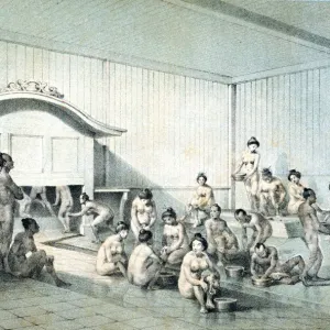 JAPANESE BATH, 1856. Public bath at Simoda, Japan: lithograph from Commodore Matthew