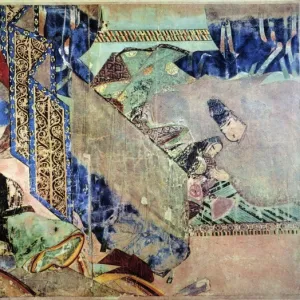 Japanese scroll painting of a scene from the Yadorigi chapter of Lady Murasakis The Tale of Genji. Heian Period, 12th century, Tokyo