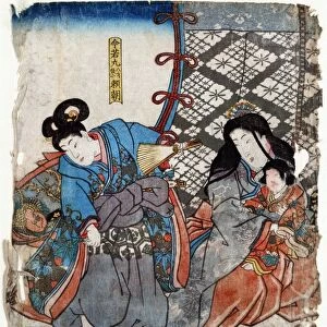 A Japanese woman with half-brothers Minamoto no Yoshitsune (1159-1189) and Minamoto no Yoritomo (1147-1199), who would later become warriors. Woodcut by Toyokuni Utagawa, 1840s