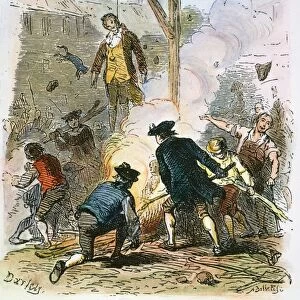 JOHN JAY: EFFIGY, 1794. Jeffersonians hanging and burning John Jay in effigy in 1794. Colored engraving, 19th century