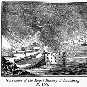 KING GEORGEs WAR, 1745. Surrender of the Royal Battery at Louisbourg, Cape Breton Island, 1745. Wood engraving, American, 19th century