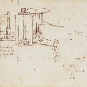 Leonardo da Vincis diagram of a typographical press with automatic page-feeder. Manuscript, c1480-1482