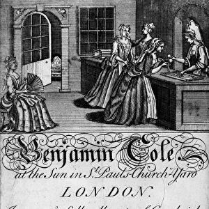 LONDON: TRADE CARD. 1700s. Trade card for Benjamin Coles store selling lace and other ladies accessories, retail and wholesale. Line engraving, mid-18th century