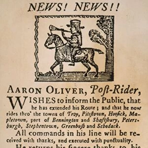 MAIL-SERVICE AD, 1799. Aaron Oliver offers his service as post-rider in this woodcut