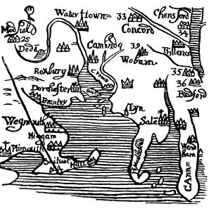 MAP OF NEW ENGLAND, 1677. Detail of a woodcut map of New England from William Hubbard s