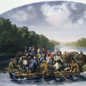 Marion and his men crossing the Pee Dee River to harass the British in South Carolina during the American Revolutionary War. Steel engraving, 1851, after a painting by William Tylee Ranney