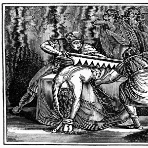 MARTYRDOM: SAINT TARBULA. Tarbula, sister of Simeon, torn asunder by the Romans in 345 A. D. Wood engraving from an 1832 American edition of John Foxes Book of Martyrs