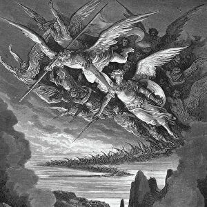 MILTON: PARADISE LOST. Satan bids the rebellious angels who had fallen with him into the fiery abyss to take courage and rise again together (Book 1, lines 344-5). Wood engraving after Gustave Dore for John Miltons Paradise Lost