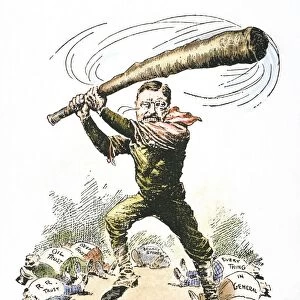 No Molly-Coddling Here : President Theodore Roosevelt swinging away his Big Stick at the trusts and Every Thing in General : American cartoon, 1904