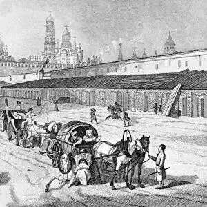 MOSCOW: KITAI-GOROD. Street scene in the Kitai-Gorod district of Moscow, Russia. Line engraving, 18th or 19th century
