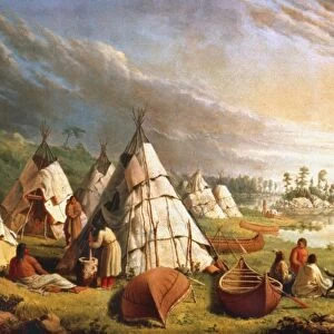 NATIVE AMERICAN ENCAMPMENT. Native American encampment on Lake Huron. Oil on canvas