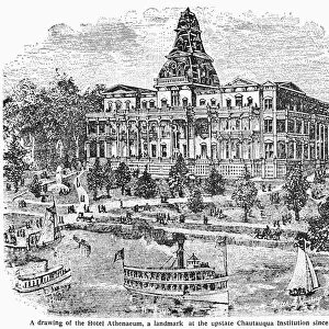 NEW YORK: CHAUTAUQUA. The Hotel Athenaeum, on Chautauqua Lake, New York. Drawing, 1881